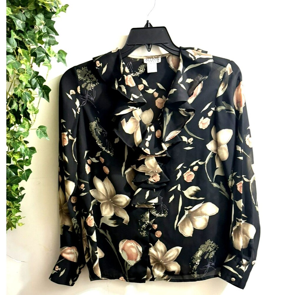 Allison Taylor Womens Ruffled Blouse Sz S Brown Multicolor Floral Prints Elegant